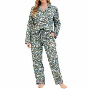 Vera Bradley Floral Pajama Set Small | Blue Brown Cotton Stretch Loungewear